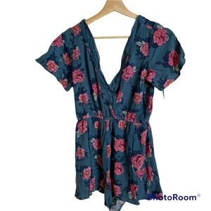 XHILARATION Dark Floral Blue Pink V Neck Lace Trim Romper Cover Up Dress Small‎